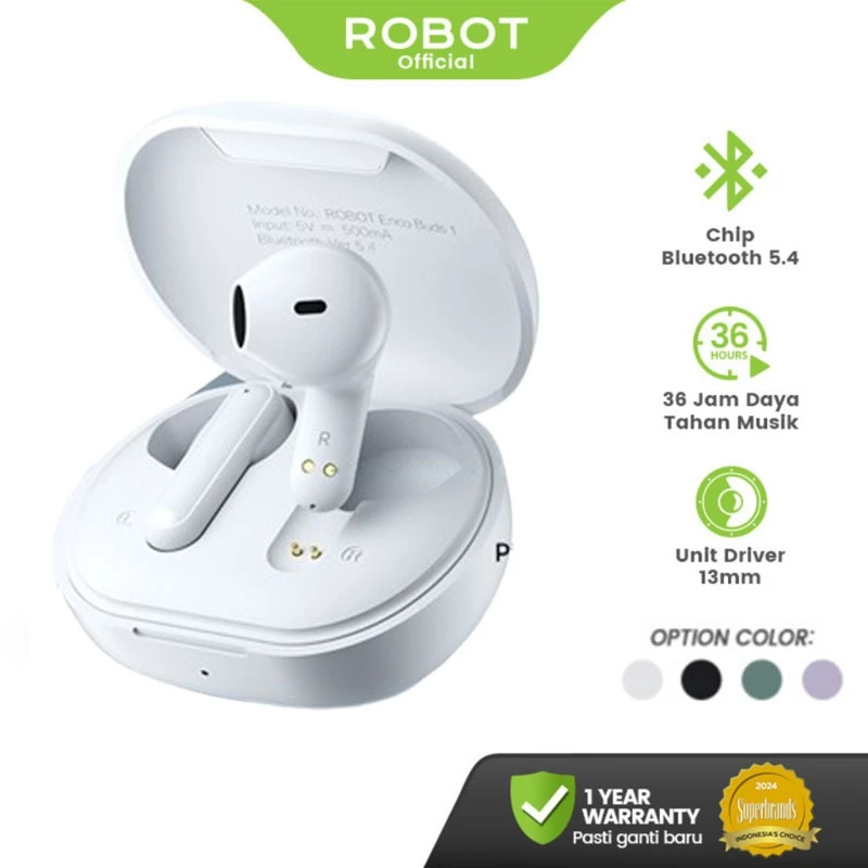 ROBOT TWS Enco Buds 1 True Wireless Semi In-Ear Mini Earbuds Bluetooth 5.4 Sports Earphones Headphones in Mic - Garansi 1 Tahun
