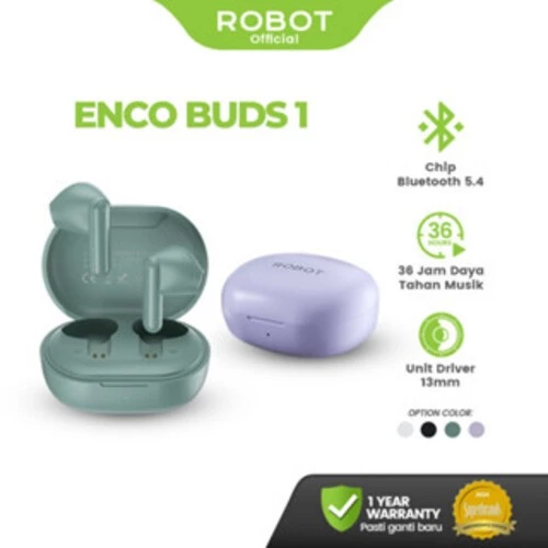 ROBOT Enco Buds 1 TWS – Semi In-Ear Mini Earbuds, Bluetooth 5.4, Mic Jernih, Cocok untuk Olahraga, Garansi 1 Tahun