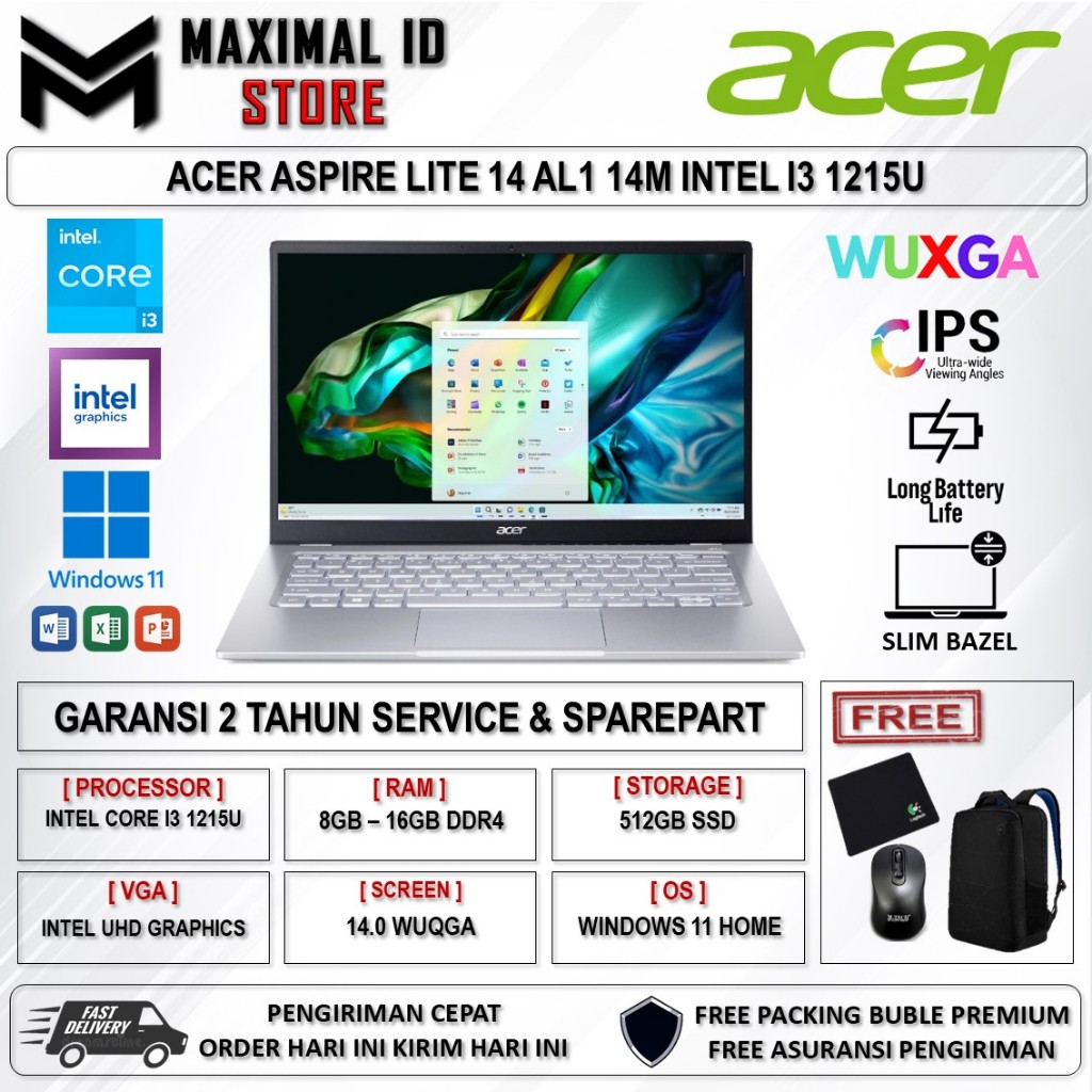 Jual Laptop Acer Aspire Lite 14 AL1-14M Intel i3 1215U 32GB 256GB SSD