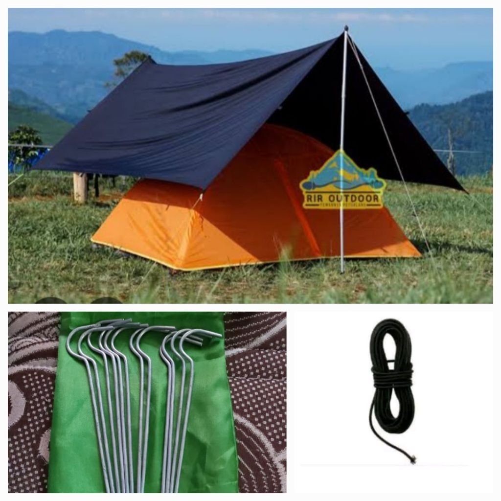 Flysheet 2x1,5 Outdoor Camping Paket Lengkap dengan Tali 15m & Pasak 6pcs untuk Pengalaman Berkemah Terbaik