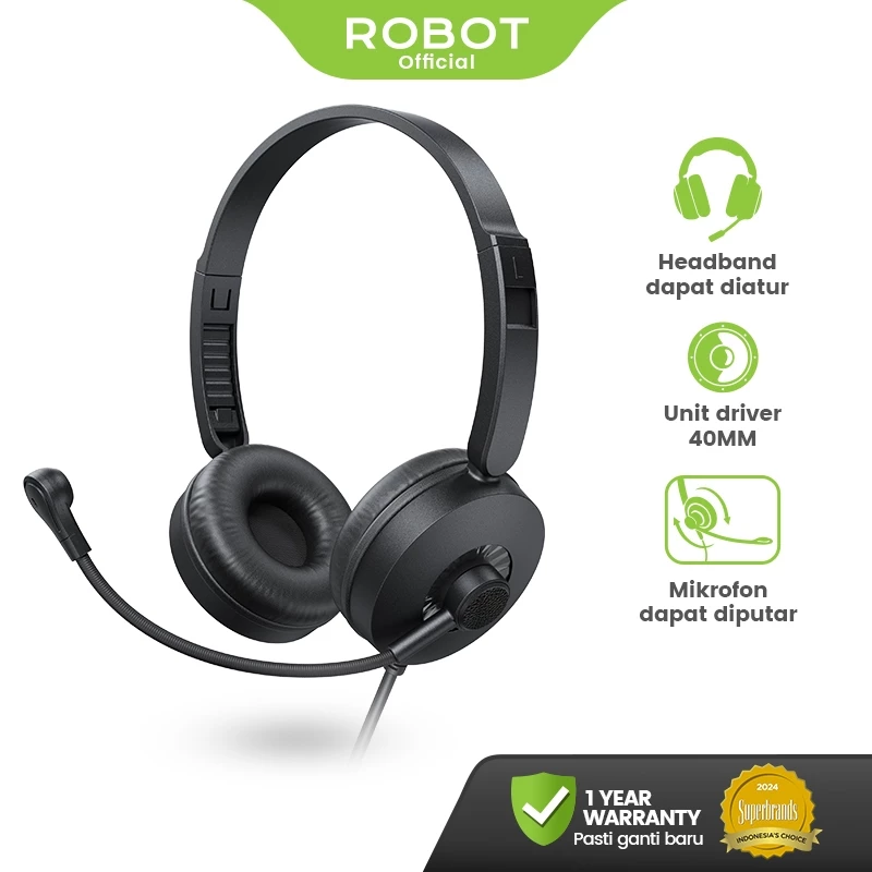 ROBOT Headphone Wired 3.5mm with Adjustable Mikrofon Bass Driver 40mm Headset Kabel RH-P30 Original - Garansi 1 Tahun