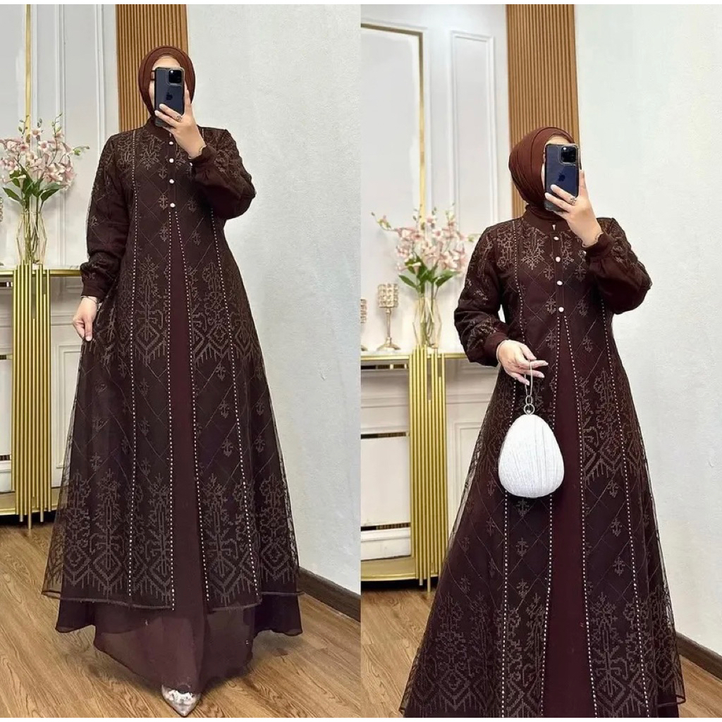 Jual DENARA DRESS Gamis Muslim Brukat Wanita Mewah Matt Ceruty Babydol ...