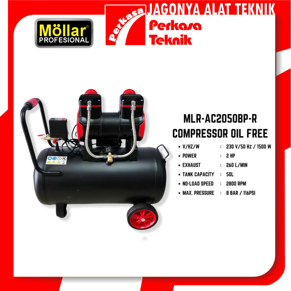 Jual Kompresor Angin Oiless 2HP 50 Liter MOLLAR AC2050BP-R Silent Air ...