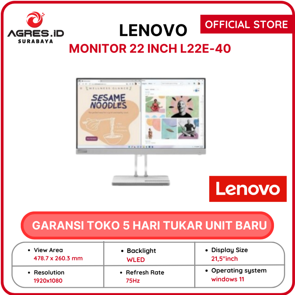 Jual LENOVO MONITOR 22 INCH L22E-40 VA FHD 1080P 4MS 75HZ 3Y (GARANSI ...