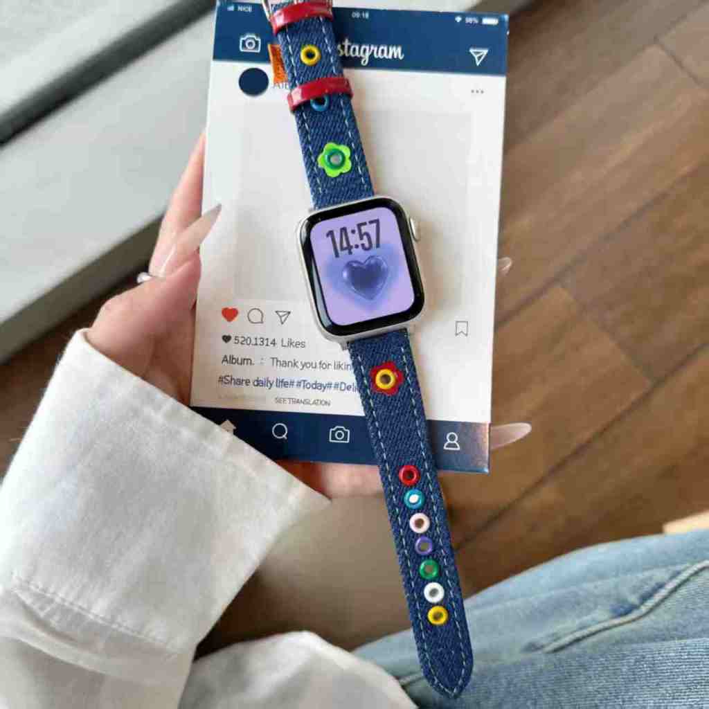 strap denim iwatch dengan motif bunga dopamine summer colorful