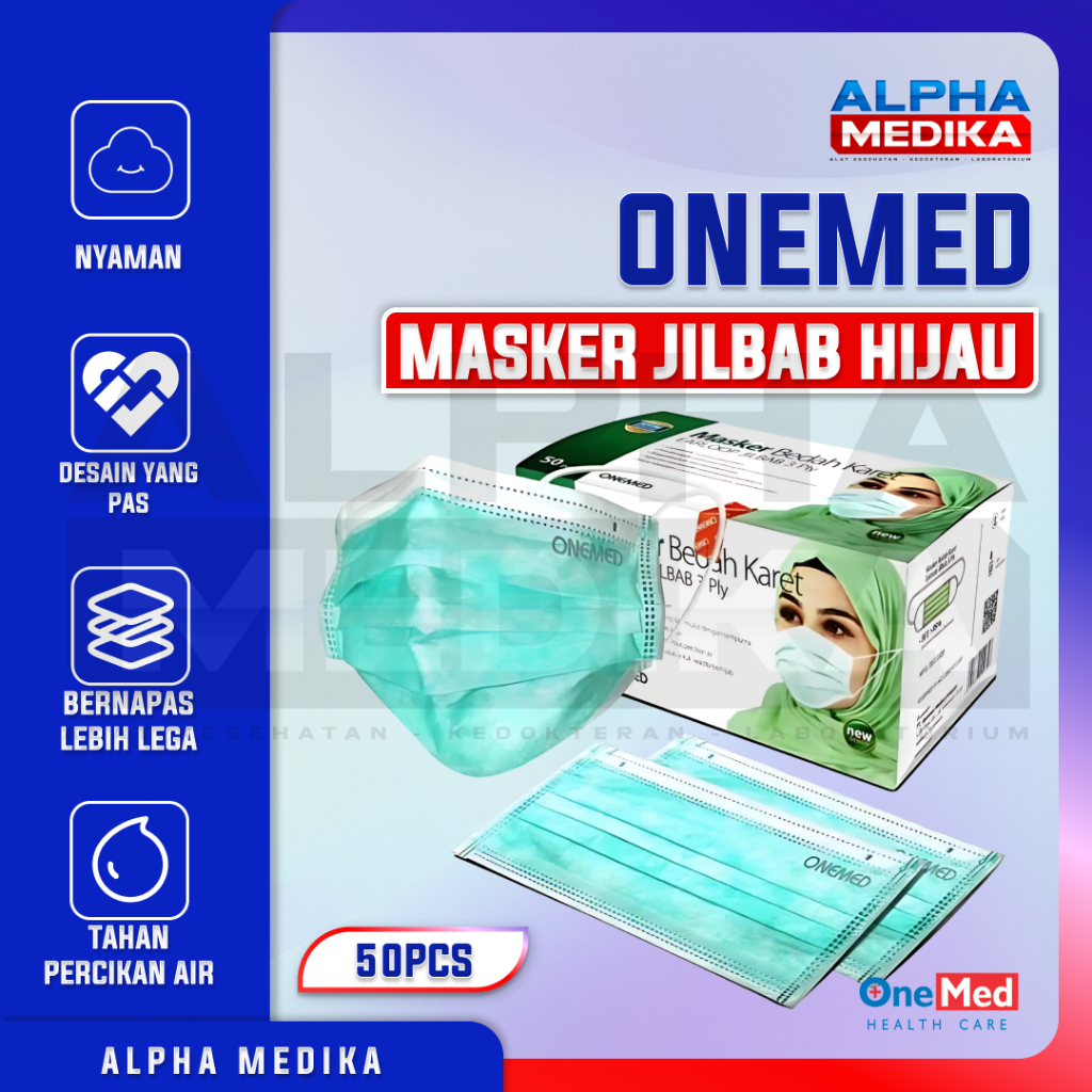 Jual ONEMED - Masker Hijab Medis Onemed Hijau 3ply isi 50 / Masker ...