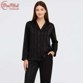 BraMall 399 FUJI Piyama Satin Wanita Hitam Elegan Motif Garis Halus – Bahan Lembut Nyaman