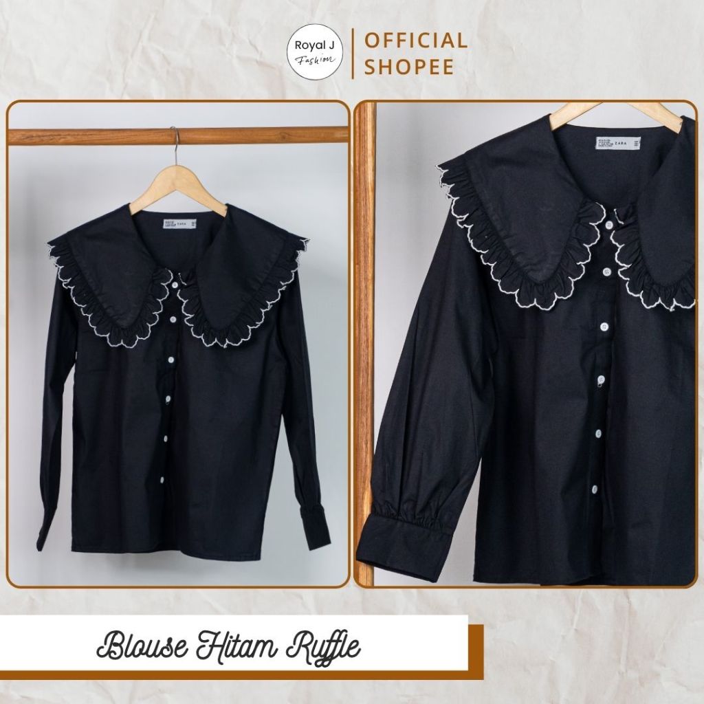 Jual Blouse Hitam Kerah Ruffle Kontras Putih – Royal J | Shopee Indonesia