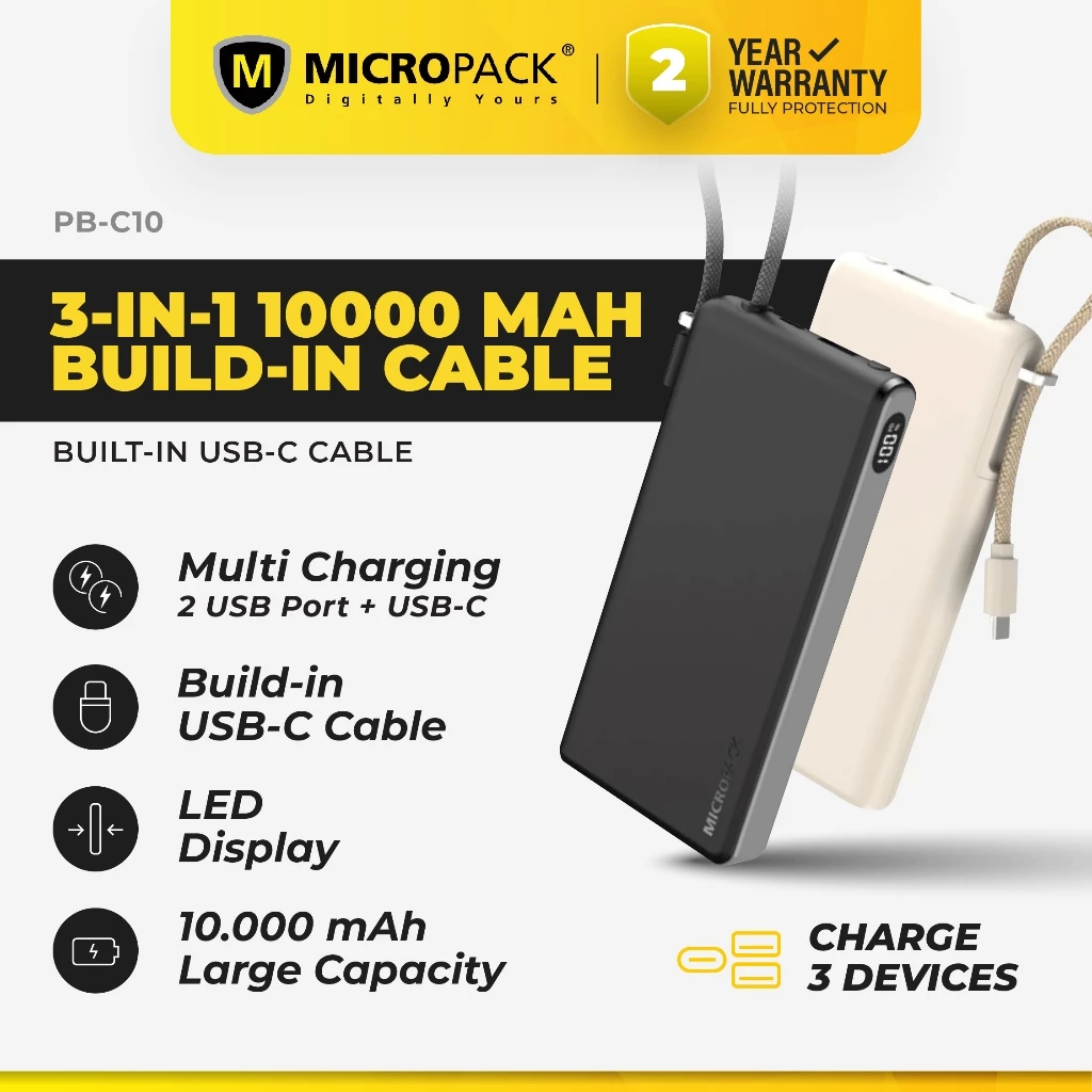 MICROPACK – PB C10 – POWER BANK 10.000 mAh BUILT IN TYPE C CABLE FAST CHARGING