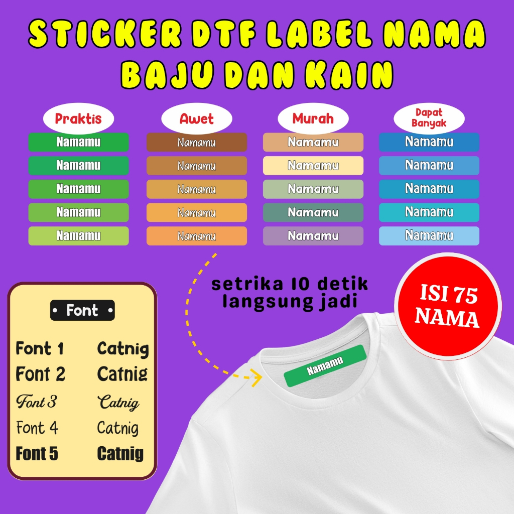 Jual Sticker Label Nama Kain Baju Isi 75 Pcs Kaos Sablon Setrika DTF ...