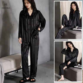 NOIRI Piyama Satin Baju Tidur Lengan Panjang Celana Panjang Setelan One Set Wanita Dewasa Motif