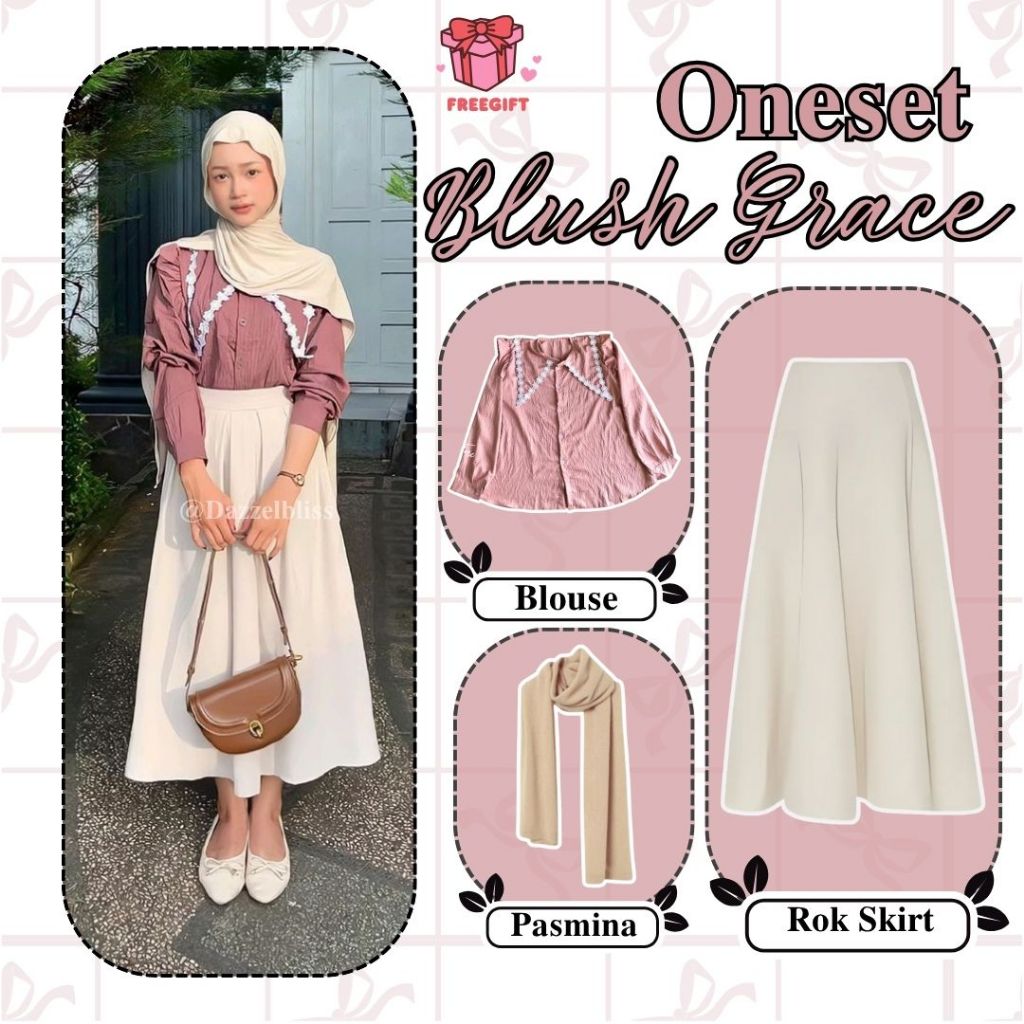 Jual Oneset Blush Grace [ Rok Skiert + Blouse + Hijab] → Perpaduan ...