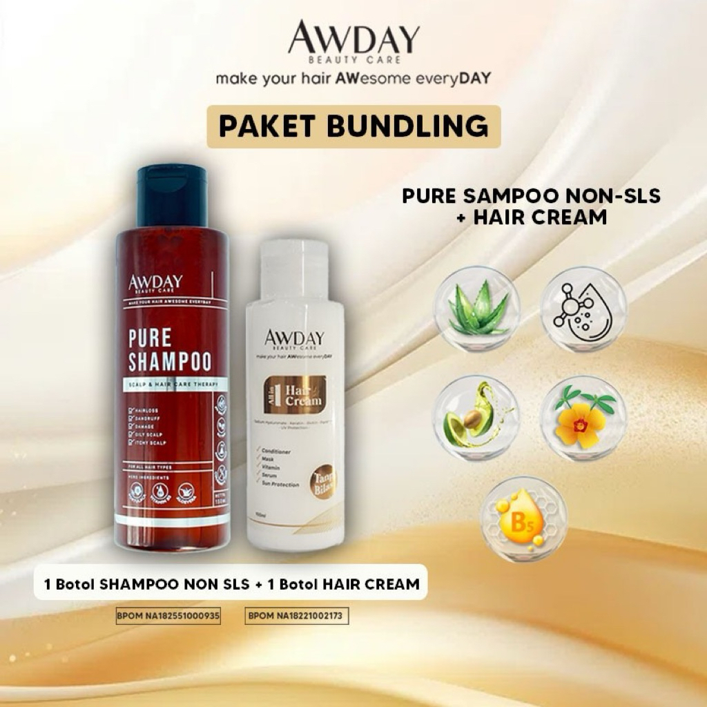 PAKET BUNDLING AWDAY SHAMPOO PURE NON SLS 150ML + HAIRCREAM + HAIRTONIC ORIGINAL 100%