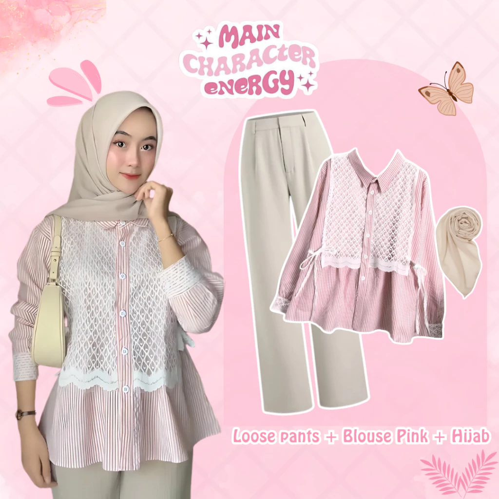 Setelan Hijab Wanita 3in1 Korean Look | Blouse Lace Pink Katun Salur Brukat + Oro Pants Semi Woll Ivory Premium + Bella Square | Outfit Hijab Kekinian OOTD Casual UD75