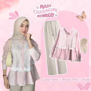 Setelan Hijab Wanita 3in1 Korean Look | Blouse Lace Pink Katun Salur Brukat + Oro Pants Semi Woll Ivory Premium + Bella Square | Outfit Hijab Kekinian OOTD Casual UD75
