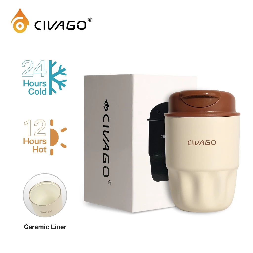 CIVAGO (10oz/295ml) Mug Kopi Stainless Steel dengan Lapisan Keramik & Tutup - Termos Vakum Praktis untuk Travel - foto 1