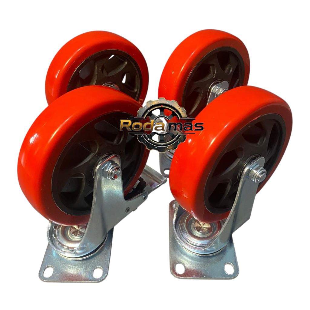 Jual roda pu merah 4 inch set ( 2 roda hidup + 2 roda rem ) roda ...