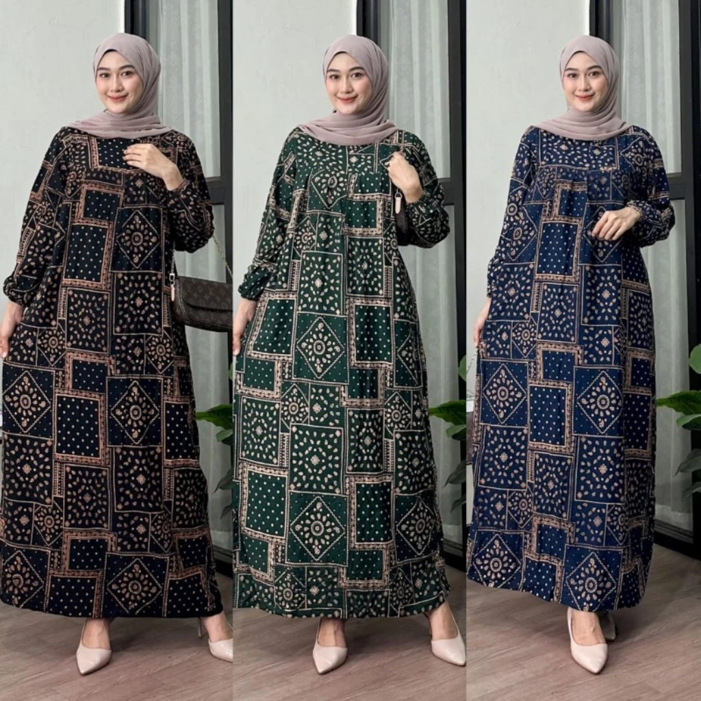 Daster Gamis Wanita Rayon Grade A Busui Resleting Depan Baju Tidur Daster Kekinian Motif Etnic Lengan Panjang Ld 110-120