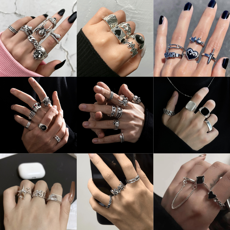 Billiards 5pcs / Set Cincin Desain Poker Billiards Gaya Punk Goth Kpop Hip Hop Korea Untuk Pria Dan Wanita Alloy Paduan