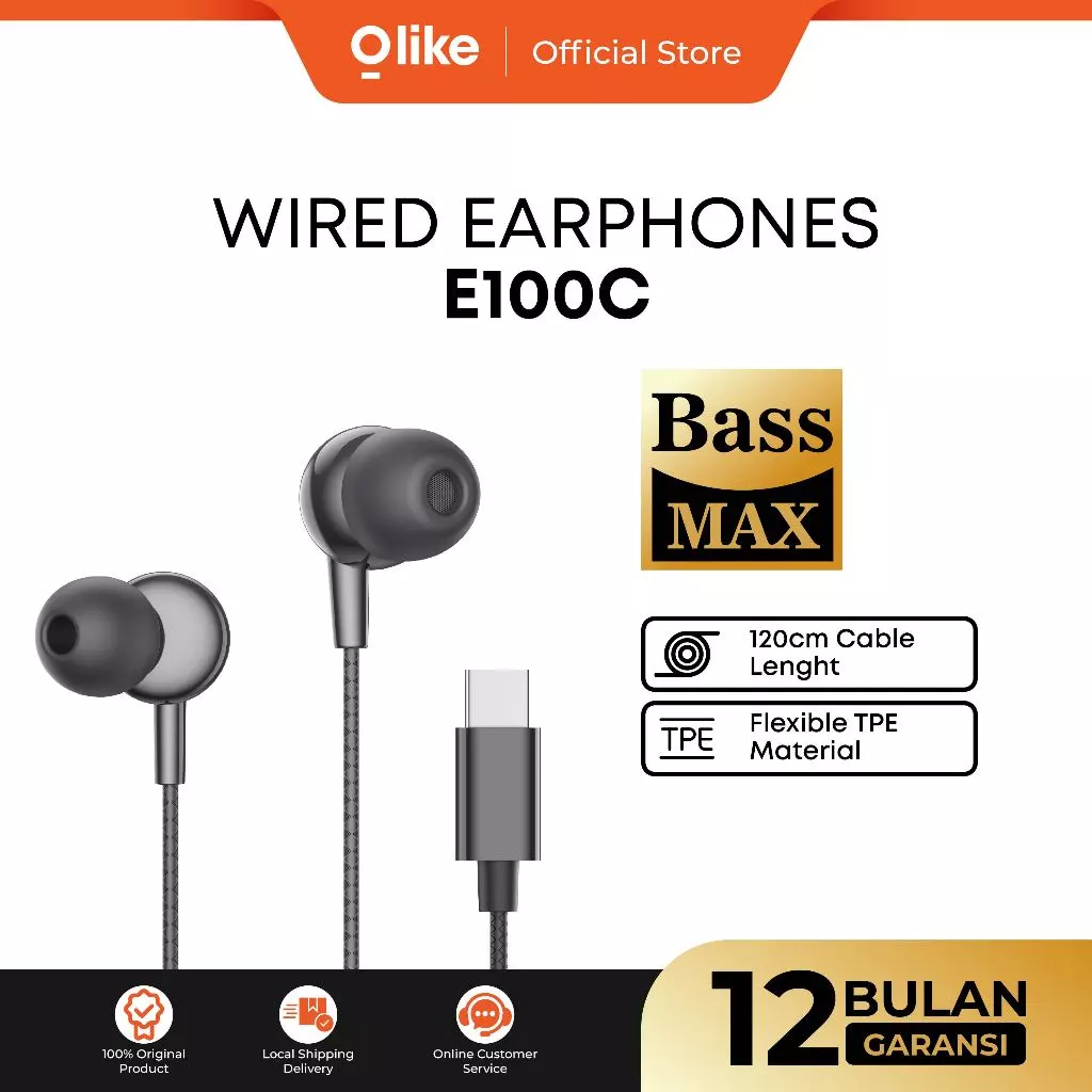 OLIKE WIred In Earphone E100C Heaset Jack Type C 120cm Universal Compatible with Tombol Kontrol Multitugas Hedset Kabel