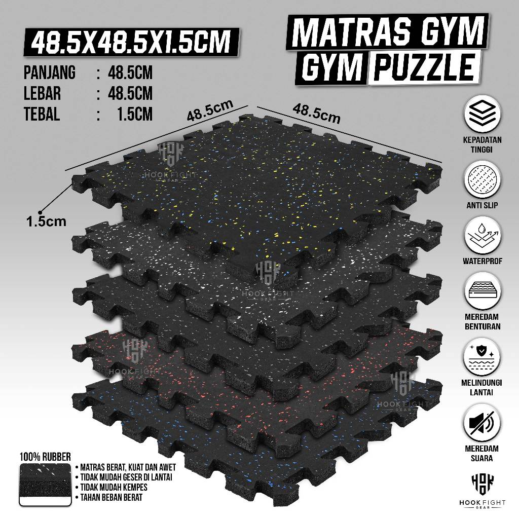 Matras Gym Rubber Puzzle Mat Hook 48cm x 48cm x Matras Gym Hook Karet  Karpet Fitness Rubber Tile Flooring Lantai Playground