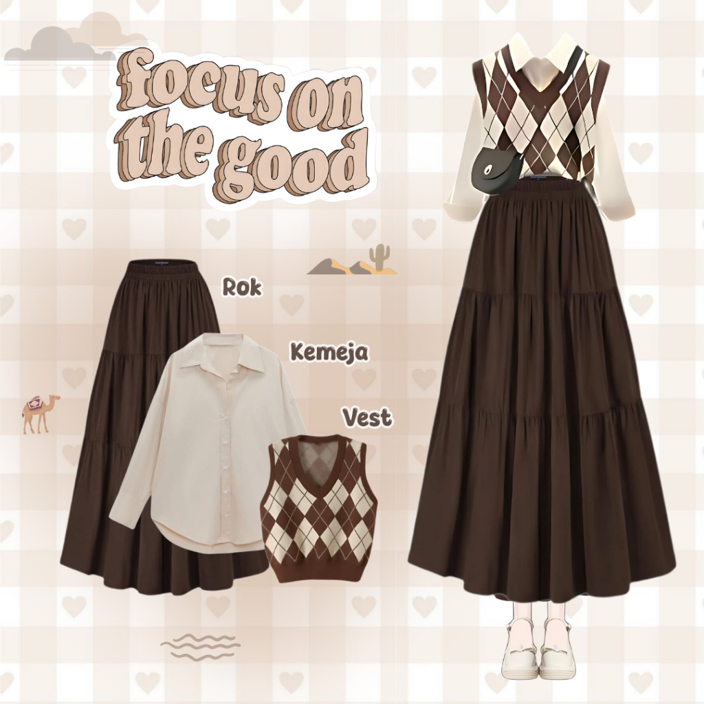 Jual One Set Vintage Brown Korean Style | Vest Kotak + Kemeja + Rok ...