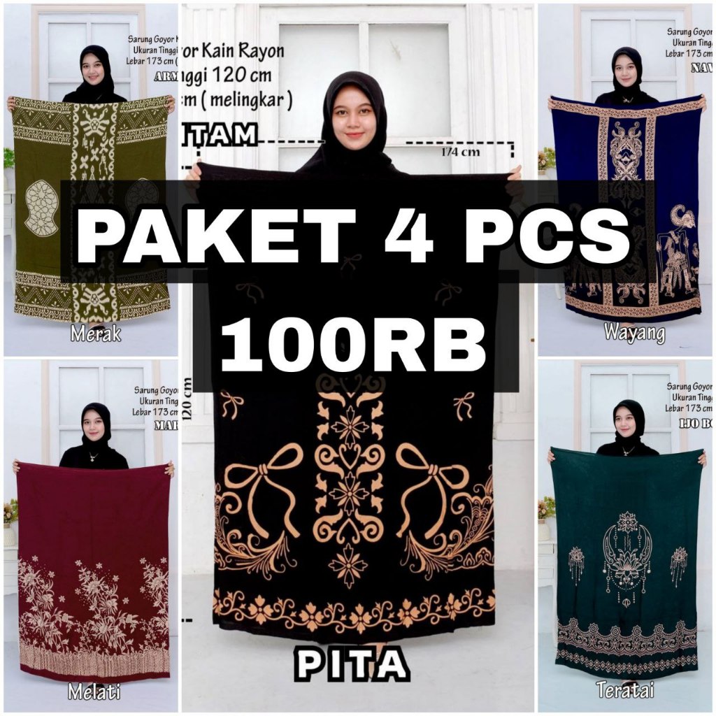 PAKET 4 PCS 100RB SARUNG WANITA GOYOR RAYON ORIGINAL ADEM NYAMAN DI PAKAI
