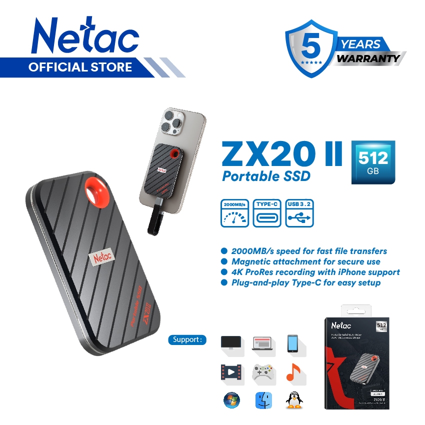 Netac ZX20 512GB Extreme 512GB NVMe Draagbare SSD USB 3.2-C tot 2000MB/s Lees Bestendige Stofdicht