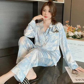 Sleepwear Wanita Korea Style Set Baju Piyama Tidur Wanita Satin Lengan Panjang Tie Dye 2025