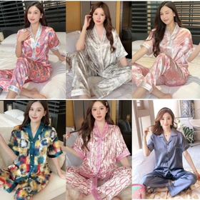 Setelan Baju Tidur Piyama Wanita Dewasa Satin Premium Lengan Pendek Celana Panjang 002