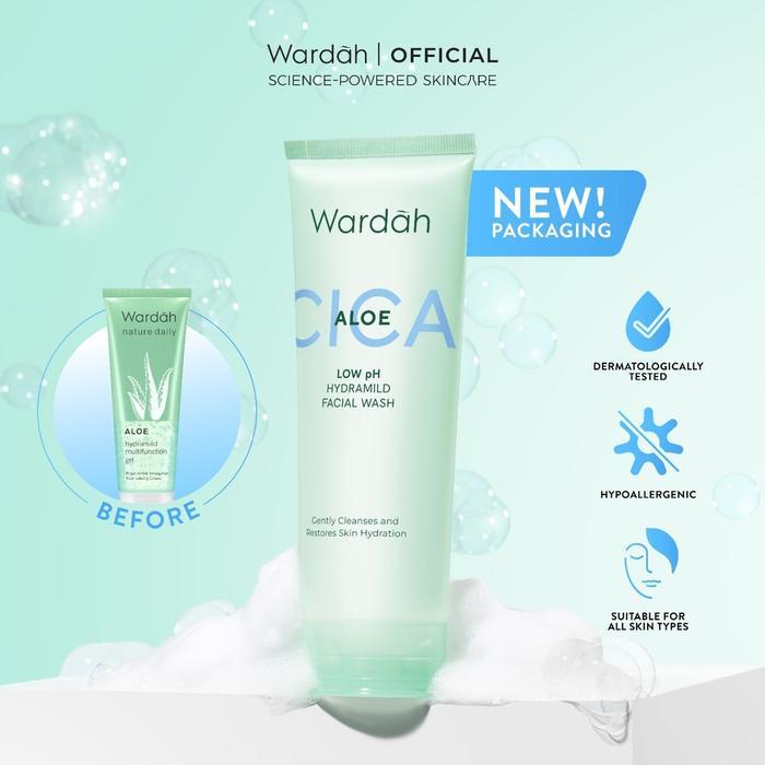 Wardah Cica + Aloe Low pH Hydramild Facial Wash Nature Daily - Sabun Cuci Muka Membersihkan secara Lembut dan Menghidrasi Kulit dengan Kandungan Aloe Vera & Centella Asiatica, for All Skin Types, Non-Comedogenic & Non-Acnegenic