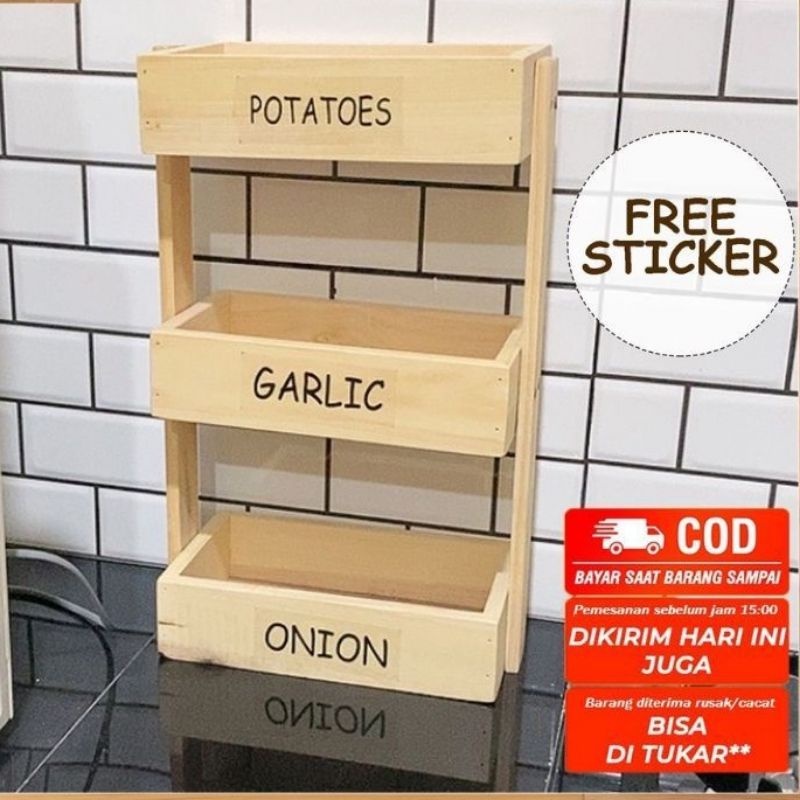 Jual FREE STICKER Rak Bawang Susun Kayu Kekinian I Rak Bumbu Dapur ...