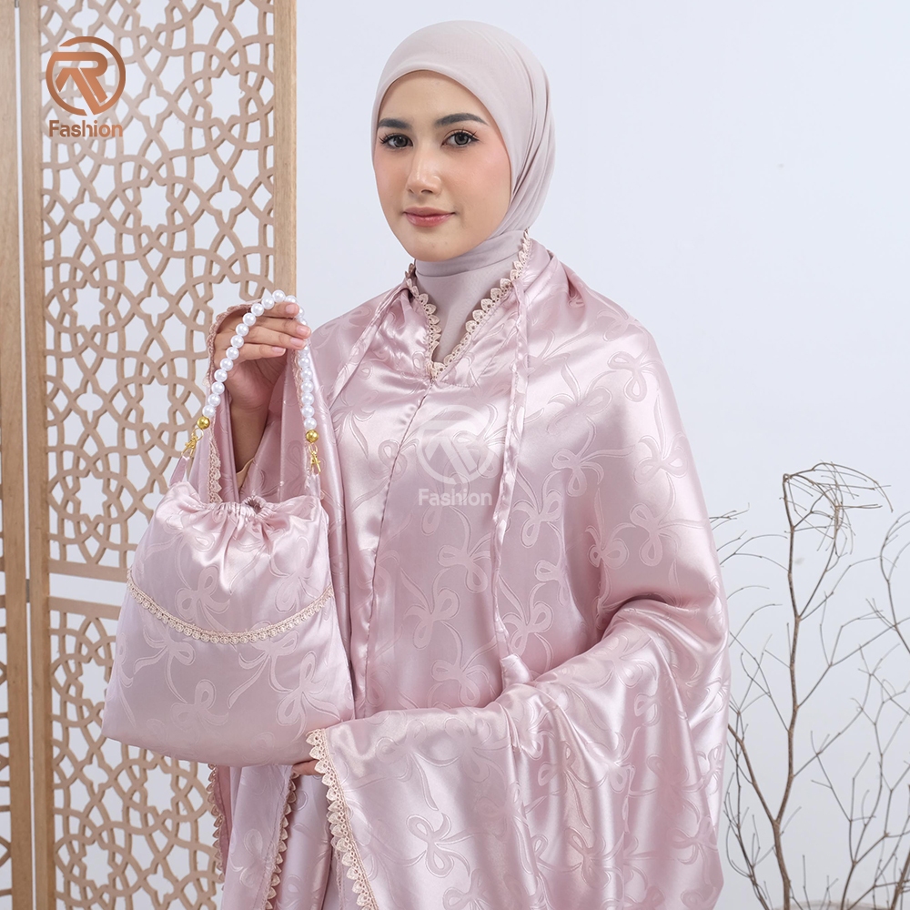 Ra Fashion - Mukena Dewasa Coquette Ribbon Pita 2in1 Sutra Silk Armaniaa Jacquard Jumbo Renda Mewah