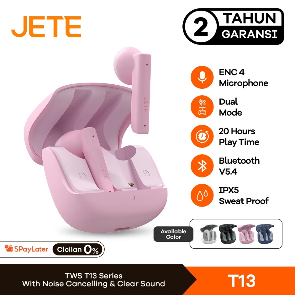 TWS Bluetooth ENC with 4 Mic JETE T13 BT 5.4 IPX5 Playtime 20H - Garansi 2 Tahun