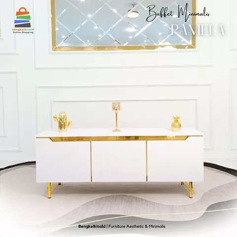 Meja TV Pamela Rak TV Minimalis Modern Aesthetic / Kabinet TV Mewah 3 Laci Kayu Solid Duco HPL Glossy List Gold