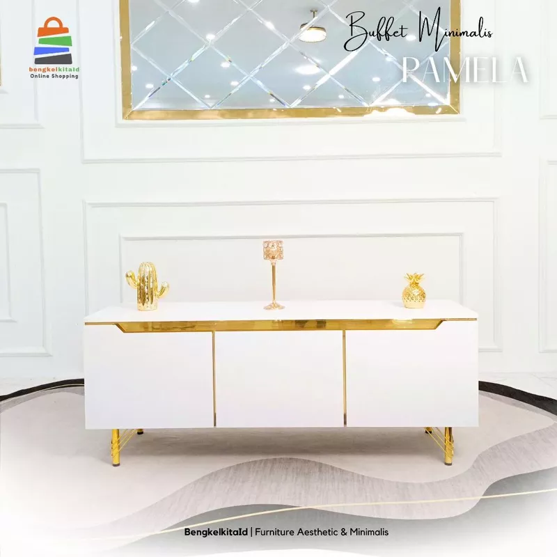 Meja TV Pamela Rak TV Minimalis Modern Aesthetic / Kabinet TV Mewah 3 Laci Kayu Solid Duco HPL Glossy List Gold