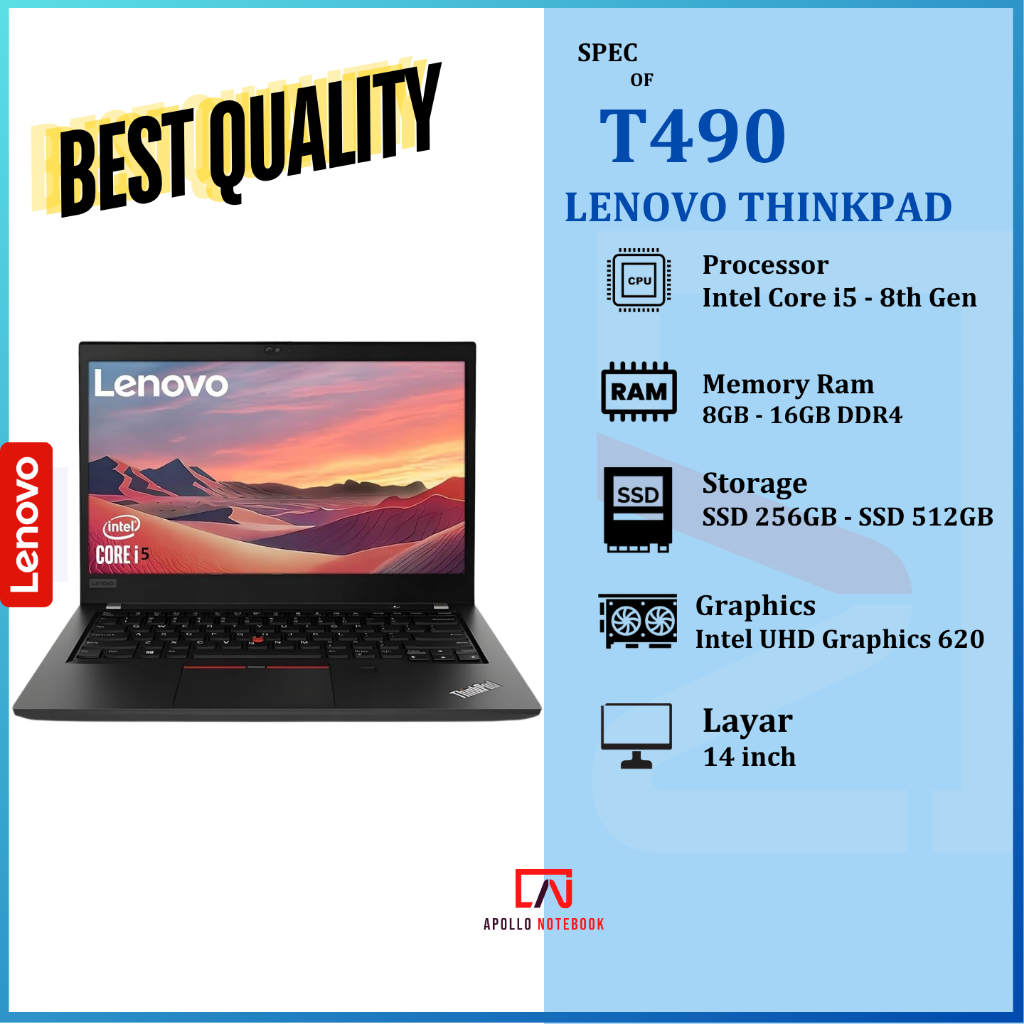 Laptop Lenovo Thinkpad T490/T490s Core i5/i7 Gen Ram 16GB SSD 1TB Slim  Second Mulus Bergaransi
