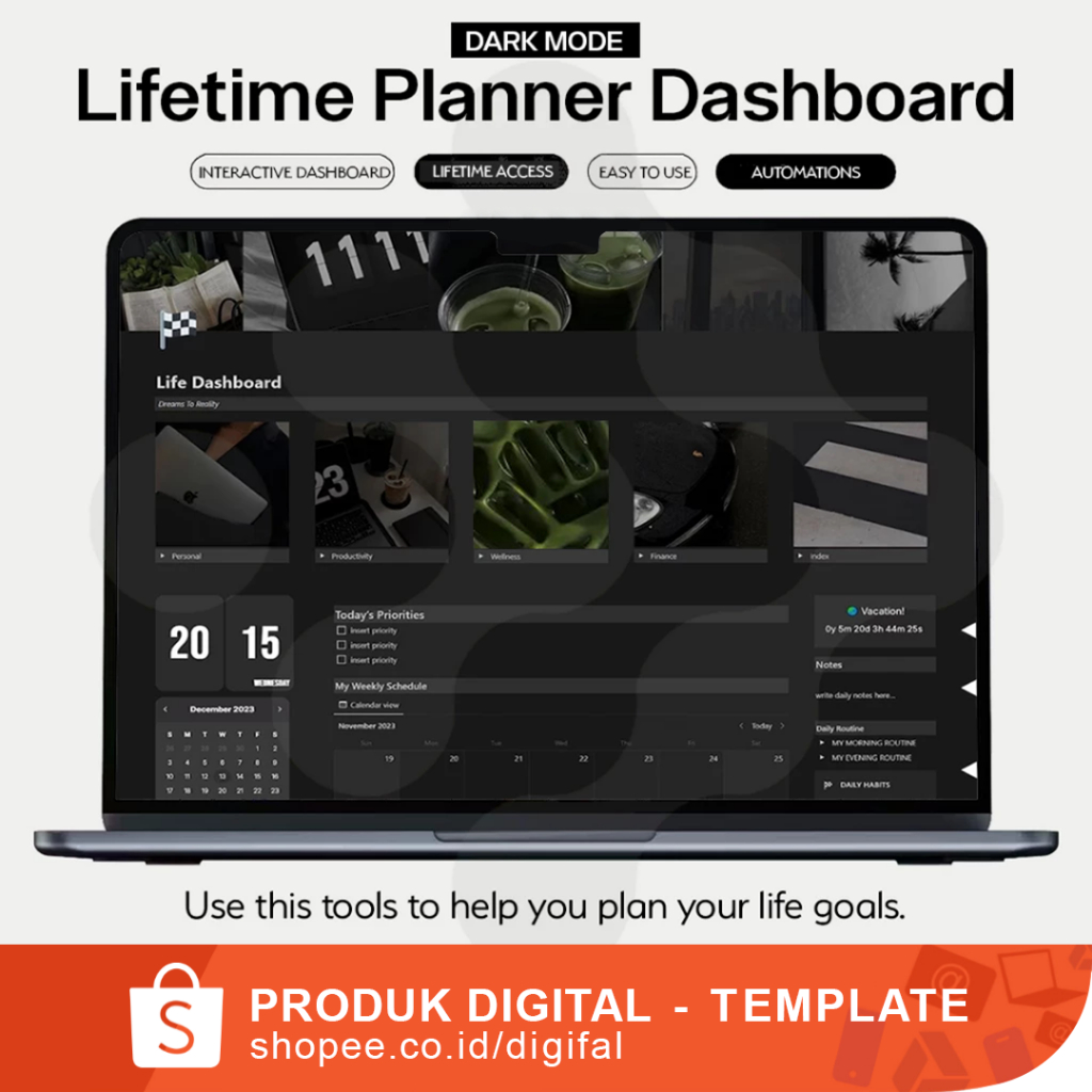 Notion Template Lifetime Planner Dashboard (Second Brain) Dark Mode - Ultimate Life Organisation Solution AlI-in-One Life Digital Planner