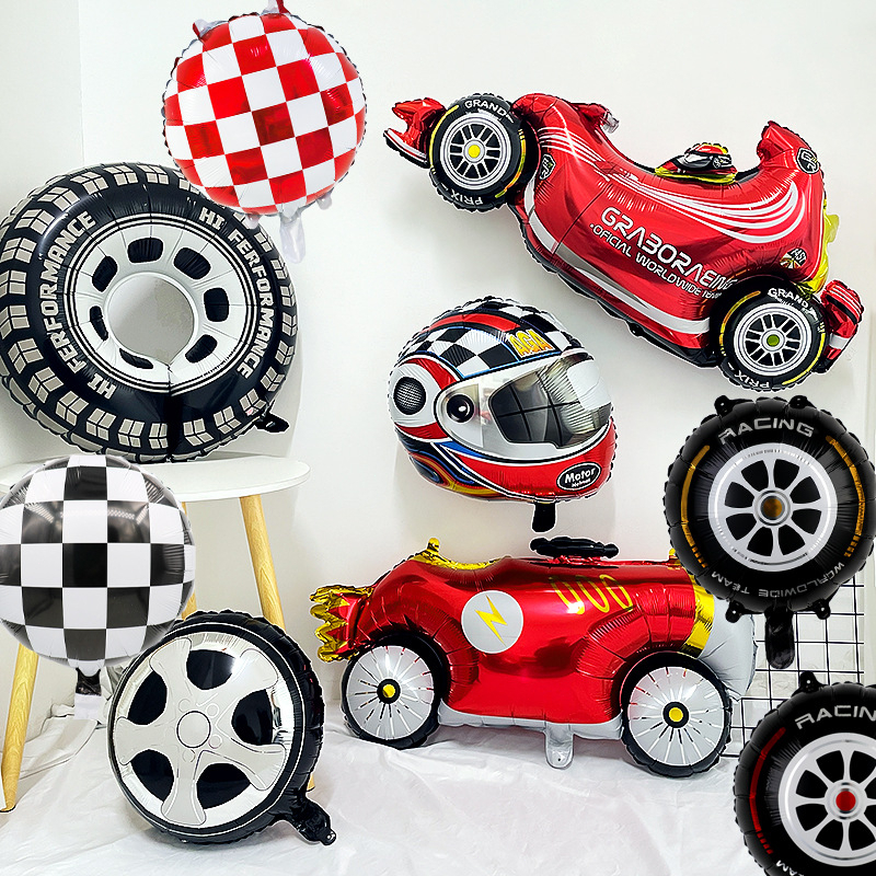 DINOSO Balon Foil Jumbo Tema Mobil Balap Balon Helm Roda Racing Dekorasi Pesta Ulang Tahun Anak Laki-laki