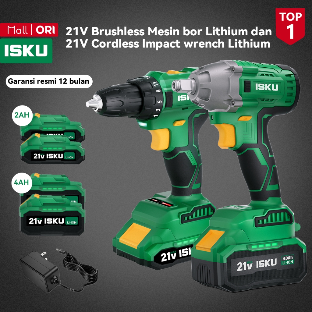 ISKU Mesin Bor Baterai 10mm & Impact Wrench 1/2 Inch 21V Brushless Cordless Drill Mesin Buka Baut Roda CVT Motor Baja Ringan Obeng Elektrik Baterai Soket LXT Makita Torsi Badak Anti Jebol Kayu Besi Alat Pertukangan Koper Box