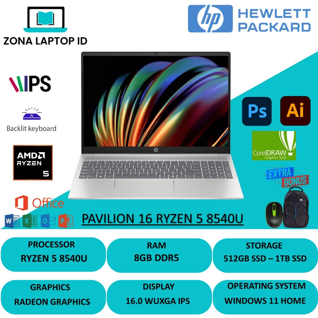 HP Pavilion 16 Gaming Laptop dengan AMD Ryzen 5 8540U RAM 16GB SSD 1TB layar WUXGA