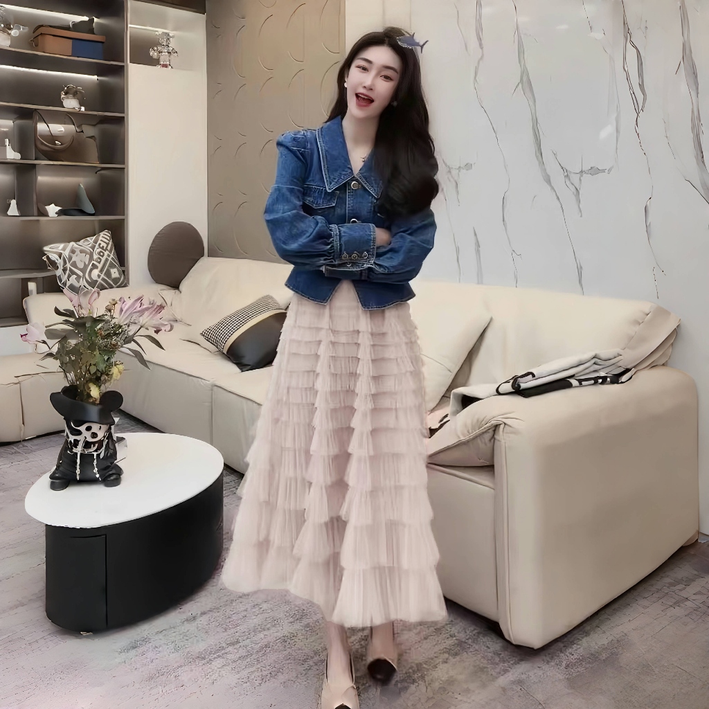Jual FANMU One Set Wanita Outer Denim + Rok Jaring Keninian | Shopee ...
