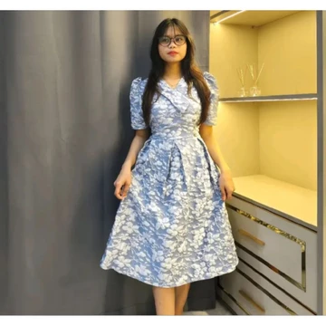 New Arival Midi Dress Gaun Wanita Jacquard Emboss Tunik Elegan Pesta Gereja Mewah Dress Natal
