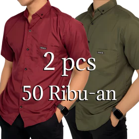 Paket 2 Pcs Kemeja Cowok Lengan Pendek Polos Kasual Bahan Katun Adem Slim Fit