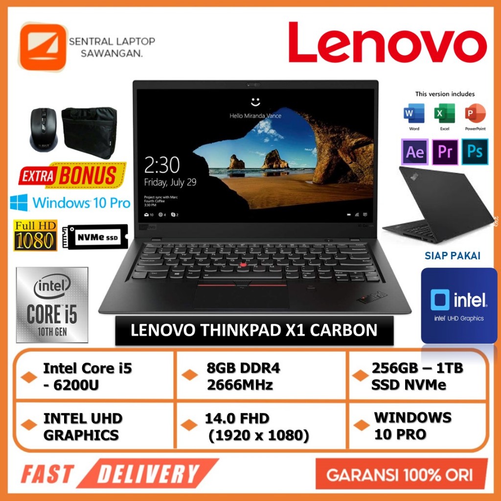 Jual Laptop Lenovo ThinkPad X1 Carbon Intel i5 6200U 8GB 1TB SSD 14.0 ...