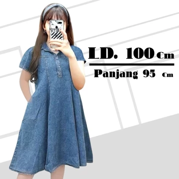 Dress Wanita Jumbo Ld 130 Ld 110 Bahan Jeans Wash Tidak Kaku