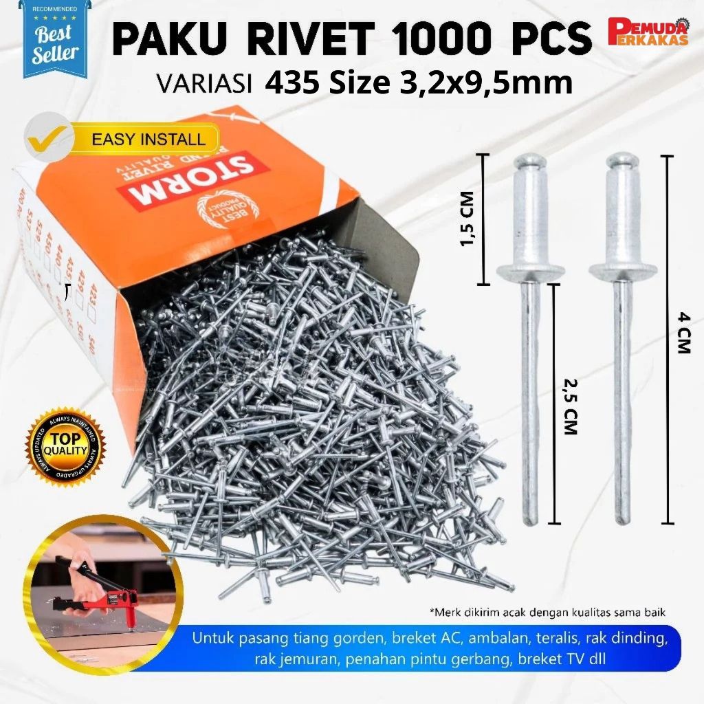Jual Paku Rivet Rivetti 435 Size 3,2x9,5mm isi 1000pcs 1 KOTAK PAKU ...