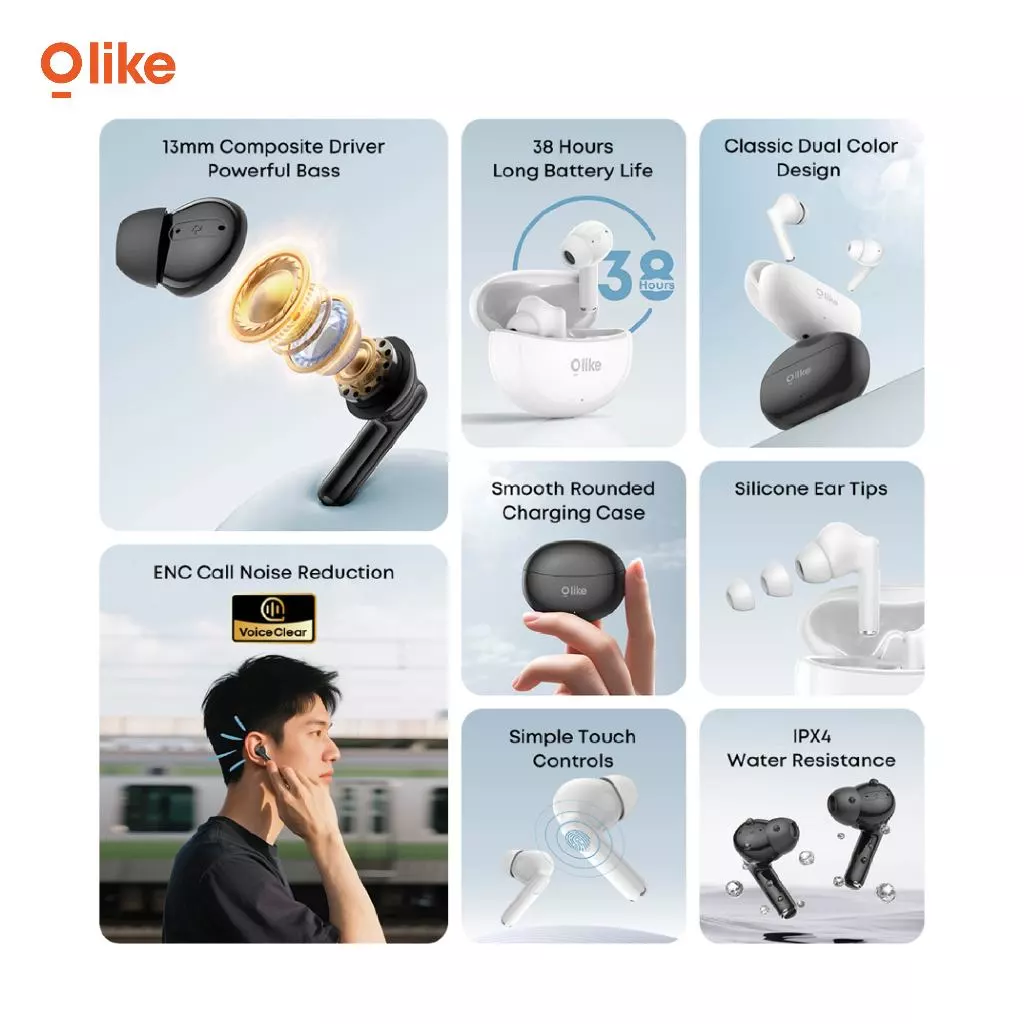 Olike True Wireless Earphone T112S Bluetooth 5.4 Earphone ENC Call Noice Reduction 38 Hours Playtime