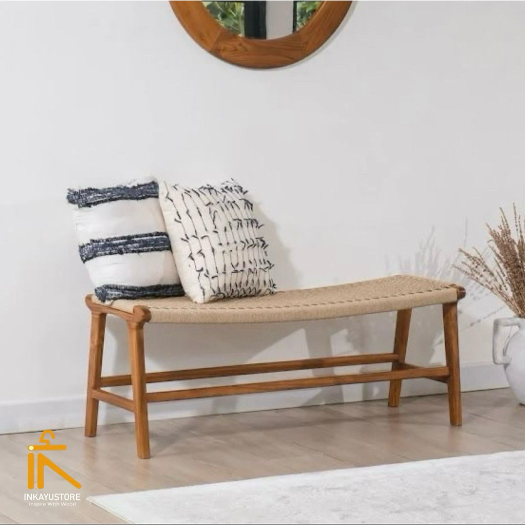Jual Bench Kayu Jati Solid Anyaman Tali Modern, Bangku Jati Anyaman ...