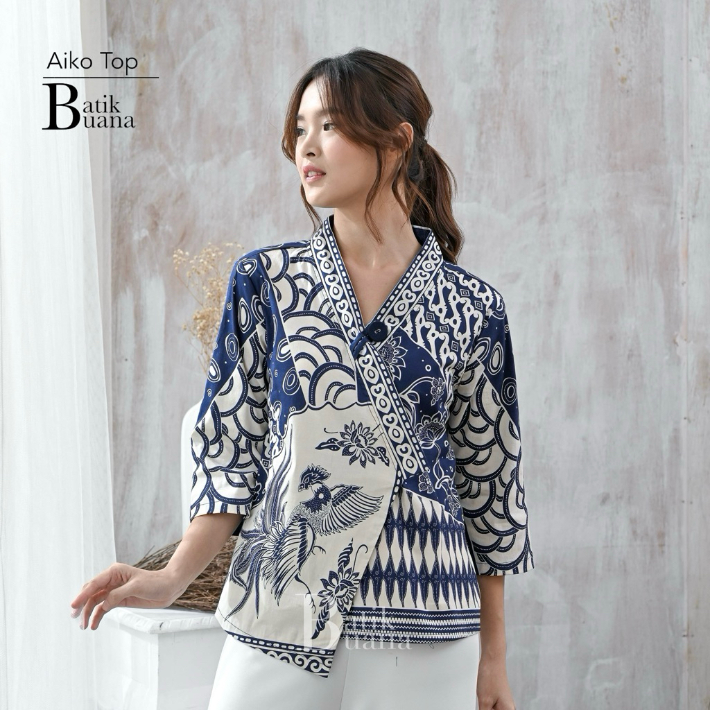 Jual Aiko Top - Atasan Batik Wanita Premium - Batik Wanita Navy - Batik ...